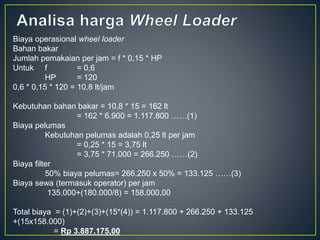 Biaya operasional wheel loader
Bahan bakar
Jumlah pemakaian per jam = f * 0,15 * HP
Untuk f = 0,6
HP = 120
0,6 * 0,15 * 120 = 10,8 lt/jam
Kebutuhan bahan bakar = 10,8 * 15 = 162 lt
= 162 * 6.900 = 1.117.800 ……(1)
Biaya pelumas
Kebutuhan pelumas adalah 0,25 lt per jam
= 0,25 * 15 = 3,75 lt
= 3,75 * 71.000 = 266.250 ……(2)
Biaya filter
50% biaya pelumas= 266.250 x 50% = 133.125 ……(3)
Biaya sewa (termasuk operator) per jam
135.000+(180.000/8) = 158.000,00
Total biaya = (1)+(2)+(3)+(15*(4)) = 1.117.800 + 266.250 + 133.125
+(15x158.000)
= Rp 3.887.175,00
 