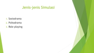 Jenis-jenis Simulasi
1. Sosiodrama
2. Psikodrama
3. Role playing
 