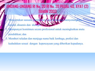 UNDANG-UNDANG RI No. 20 RI No. 20 PASAL 40, AYAT (2) 
TAHUN 2003 
1. Menciptakan suasana pendidikan yang bermakna, menyenangkan, 
kreatif, dinamis dan dialogis. 
2. Mempunyai komitmen secara profesional untuk meningkatkan mutu 
pendidikan; dan 
3. Memberi teladan dan menjaga nama baik lembaga, profesi dan 
kedudukan sesuai dengan kepercayaan yang diberikan kepadanya. 
 