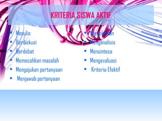KRITERIA SISWA AKTIF 
• Menulis 
• Berdiskusi 
• Berdebat 
• Memecahkan masalah 
• Mengajukan pertanyaan 
• Menjawab pertanyaan 
• Menjelaskan 
• Menganalisis 
• Mensintesa 
• Mengevaluasi 
• Kriteria Efektif 
 