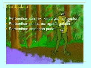 Pembiakan   Perbenihan cair, ex: kaldu gizi, air pepton Perbenihan padat, ex: agar2, gelatin Perbenihan setengah padat 