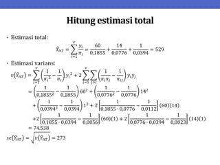 Hitung estimasi total
• Estimasi total:
𝑌𝐻𝑇 =
𝑦𝑖
𝜋𝑖
=
60
0,1855
+
14
0,0776
+
1
0,0394
= 529
𝑣
𝑖=1
• Estimasi varians:
𝑣 𝑌𝐻𝑇 =
1
𝜋𝑖
2
−
1
𝜋𝑖
𝑦𝑖
2
+ 2
1
𝜋𝑖𝜋𝑗
−
1
𝜋𝑖𝑗
𝑗>𝑖
𝑣
𝑖=1
𝑣
𝑖=1
𝑦𝑖𝑦𝑗
=
1
0,18552
−
1
0,1855
602
+
1
0,07762
−
1
0,0776
142
+
1
0,03942
−
1
0,0394
12
+ 2
1
0,1855 ∙ 0,0776
−
1
0,0112
60 14
+2
1
0,1855 ∙ 0,0394
−
1
0,0056
60 1 + 2
1
0,0776 ∙ 0,0394
−
1
0,0023
14 1
= 74.538
𝑠𝑒 𝑌𝐻𝑇 = 𝑣 𝑌𝐻𝑇 = 273
 