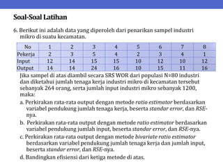 Soal-SoalLatihan
6. Berikut ini adalah data yang diperoleh dari penarikan sampel industri
mikro di suatu kecamatan.
Jika sampel di atas diambil secara SRS WOR dari populasi N=80 industri
dan diketahui jumlah tenaga kerja industri mikro di kecamatan tersebut
sebanyak 264 orang, serta jumlah input industri mikro sebanyak 1200,
maka:
a. Perkirakan rata-rata output dengan metode ratio estimator berdasarkan
variabel pendukung jumlah tenaga kerja, beserta standar error, dan RSE-
nya.
b. Perkirakan rata-rata output dengan metode ratio estimator berdasarkan
variabel pendukung jumlah input, beserta standar error, dan RSE-nya.
c. Perkirakan rata-rata output dengan metode bivariate ratio estimator
berdasarkan variabel pendukung jumlah tenaga kerja dan jumlah input,
beserta standar error, dan RSE-nya.
d. Bandingkan efisiensi dari ketiga metode di atas.
No 1 2 3 4 5 6 7 8
Pekerja 2 3 5 4 2 3 4 1
Input 12 14 15 15 10 12 10 12
Output 14 14 24 16 10 15 11 16
 
