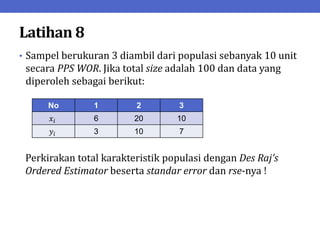 Latihan 8
• Sampel berukuran 3 diambil dari populasi sebanyak 10 unit
secara PPS WOR. Jika total size adalah 100 dan data yang
diperoleh sebagai berikut:
Perkirakan total karakteristik populasi dengan Des Raj’s
Ordered Estimator beserta standar error dan rse-nya !
No 1 2 3
𝑥𝑖 6 20 10
𝑦𝑖 3 10 7
 