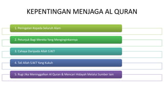 KEPENTINGAN MENJAGA AL QURAN
1. Peringatan Kepada Seluruh Alam
2. Petunjuk Bagi Mereka Yang Menginginkannya
3. Cahaya Daripada Allah S.W.T
4. Tali Allah S.W.T Yang Kukuh
5. Rugi Jika Meninggalkan Al Quran & Mencari Hidayah Melalui Sumber lain
 