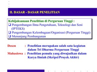 Kebijaksanaan Penelitian di Perguruan Tinggi :
 Pengembangan Ilmu Pengetahuan, Teknologi dan Seni
(IPTEKS)
 Pengembangan Kelembagaan/Organisasi (Perguruan Tinggi)
 Menunjang Pembangunan
Dosen : Penelitian merupakan salah satu kegiatan
dalam Tri Dharma Perguruan Tinggi
Mahasiswa : Penelitian pemula yang diwujudkan dalam
Karya Ilmiah (Skripsi/Proyek Akhir)
II. DASAR - DASAR PENELITIAN
 