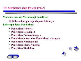 Macam - macam Metodologi Penelitian
 Didasarkan pada jenis penelitiannya
Beberapa Jenis Penelitian :
• Penelitian Historis
• Penelitian Deskriptif
• Penelitian Perkembangan
• Penelitian Kasus dan Penelitian Lapangan
• Penelitian Korelasional
• Penelitian Eksperimental
• Penelitian Tindakan
III. METODOLOGI PENELITIAN
 