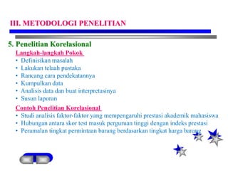 5. Penelitian Korelasional
Langkah-langkah Pokok
• Definisikan masalah
• Lakukan telaah pustaka
• Rancang cara pendekatannya
• Kumpulkan data
• Analisis data dan buat interpretasinya
• Susun laporan
Contoh Penelitian Korelasional
• Studi analisis faktor-faktor yang mempengaruhi prestasi akademik mahasiswa
• Hubungan antara skor test masuk perguruan tinggi dengan indeks prestasi
• Peramalan tingkat permintaan barang berdasarkan tingkat harga barang
III. METODOLOGI PENELITIAN
 