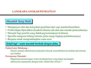 Masalah Yang Baik
• Mempunyai nilai dan kelayakan penelitian dari segi manfaat/kontribusi
• Fisibel/dapat dipecahkan (konkrit) dimana ada data dan metode pemecahannya
• Menarik bagi peneliti yang didukung kemampuan keilmuan
• Spesifik mengenai bidang tertentu (jelas ruang lingkup pembahasannya)
• Berguna untuk mengembangkan suatu teori
Sekali lagi : suatu masalah berbeda dengan fakta
Fakta/Latar Belakang :
Sistem manual administrasi penjualan banyak menimbulkan kesalahan dan kinerja
nya lambat
Perumusan Masalah :
Bagaimana perancangan sistem komputerisasi yang dapat menangani
administrasi penjualan dengan baik, efektif dan efisien ?
LANGKAH-LANGKAH PENELITIAN
 