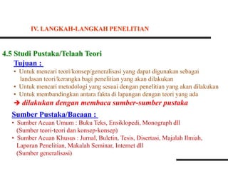 4.5 Studi Pustaka/Telaah Teori
Tujuan :
• Untuk mencari teori/konsep/generalisasi yang dapat digunakan sebagai
landasan teori/kerangka bagi penelitian yang akan dilakukan
• Untuk mencari metodologi yang sesuai dengan penelitian yang akan dilakukan
• Untuk membandingkan antara fakta di lapangan dengan teori yang ada
 dilakukan dengan membaca sumber-sumber pustaka
Sumber Pustaka/Bacaan :
• Sumber Acuan Umum : Buku Teks, Ensiklopedi, Monograph dll
(Sumber teori-teori dan konsep-konsep)
• Sumber Acuan Khusus : Jurnal, Buletin, Tesis, Disertasi, Majalah Ilmiah,
Laporan Penelitian, Makalah Seminar, Internet dll
(Sumber generalisasi)
IV. LANGKAH-LANGKAH PENELITIAN
 