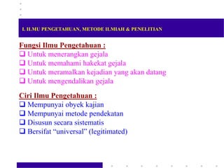 Fungsi Ilmu Pengetahuan :
 Untuk menerangkan gejala
 Untuk memahami hakekat gejala
 Untuk meramalkan kejadian yang akan datang
 Untuk mengendalikan gejala
Ciri Ilmu Pengetahuan :
 Mempunyai obyek kajian
 Mempunyai metode pendekatan
 Disusun secara sistematis
 Bersifat “universal” (legitimated)
I. ILMU PENGETAHUAN, METODE ILMIAH & PENELITIAN
 