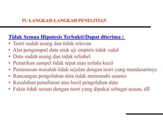Tidak Semua Hipotesis Terbukti/Dapat diterima :
• Teori sudah usang dan tidak relevan
• Alat pengumpul data utuk uji empiris tidak valid
• Data sudah usang dan tidak reliabel
• Penarikan sampel tidak tepat atau terlalu kecil
• Perumusan masalah tidak sejalan dengan teori yang mendasarinya
• Rancangan pengolahan data tidak memenuhi asumsi
• Kesalahan penafsiran atas hasil pengolahan data
• Fakta tidak sesuai dengan teori yang dipakai sebagai acuan, dll
IV. LANGKAH-LANGKAH PENELITIAN
 