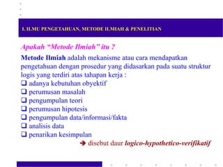 Apakah “Metode Ilmiah” itu ?
Metode Ilmiah adalah mekanisme atau cara mendapatkan
pengetahuan dengan prosedur yang didasarkan pada suatu struktur
logis yang terdiri atas tahapan kerja :
 adanya kebutuhan obyektif
 perumusan masalah
 pengumpulan teori
 perumusan hipotesis
 pengumpulan data/informasi/fakta
 analisis data
 penarikan kesimpulan
 disebut daur logico-hypothetico-verifikatif
I. ILMU PENGETAHUAN, METODE ILMIAH & PENELITIAN
 