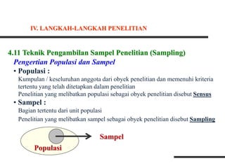 4.11 Teknik Pengambilan Sampel Penelitian (Sampling)
Pengertian Populasi dan Sampel
• Populasi :
Kumpulan / keseluruhan anggota dari obyek penelitian dan memenuhi kriteria
tertentu yang telah ditetapkan dalam penelitian
Penelitian yang melibatkan populasi sebagai obyek penelitian disebut Sensus
• Sampel :
Bagian tertentu dari unit populasi
Penelitian yang melibatkan sampel sebagai obyek penelitian disebut Sampling
Populasi
Sampel
IV. LANGKAH-LANGKAH PENELITIAN
 