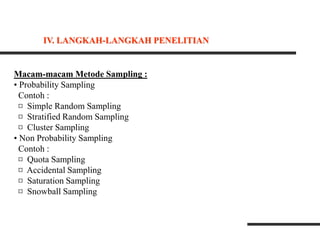 Macam-macam Metode Sampling :
• Probability Sampling
Contoh :
¤ Simple Random Sampling
¤ Stratified Random Sampling
¤ Cluster Sampling
• Non Probability Sampling
Contoh :
¤ Quota Sampling
¤ Accidental Sampling
¤ Saturation Sampling
¤ Snowball Sampling
IV. LANGKAH-LANGKAH PENELITIAN
 