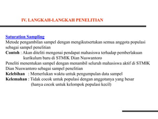 Saturation Sampling
Metode pengambilan sampel dengan mengikutsertakan semua anggota populasi
sebagai sampel penelitian
Contoh : Akan diteliti mengenai pendapat mahasiswa terhadap pemberlakuan
kurikulum baru di STMIK Dian Nuswantoro
Peneliti menentukan sampel dengan menambil seluruh mahasiswa aktif di STMIK
Dian Nuswantoro sebagai sampel penelitian
Kelebihan : Memerlukan waktu untuk pengumpulan data sampel
Kelemahan : Tidak cocok untuk populasi dengan anggotanya yang besar
(hanya cocok untuk kelompok populasi kecil)
IV. LANGKAH-LANGKAH PENELITIAN
 