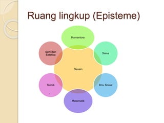 Ruang lingkup (Episteme)
 Desain adalah cabang keilmuan seni rupa. Desain tidak dapat memenuhi dirinya
sendiri tanpa peminjaman kajian dari berbagai ilmu lain sebagai penunjang.
Desain
Humaniora
Sains
Ilmu Sosial
Matematik
Teknik
Seni dan
Estetika
 