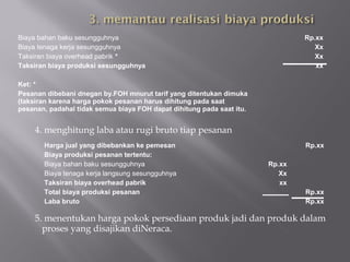 4. menghitung laba atau rugi bruto tiap pesanan
5. menentukan harga pokok persediaan produk jadi dan produk dalam
proses yang disajikan diNeraca.
Biaya bahan baku sesungguhnya
Biaya tenaga kerja sesungguhnya
Taksiran biaya overhead pabrik *
Taksiran biaya produksi sesungguhnya
Ket: *
Pesanan dibebani dnegan by.FOH mnurut tarif yang ditentukan dimuka
(taksiran karena harga pokok pesanan harus dihitung pada saat
pesanan, padahal tidak semua biaya FOH dapat dihitung pada saat itu.
Rp.xx
Xx
Xx
xx
Harga jual yang dibebankan ke pemesan
Biaya produksi pesanan tertentu:
Biaya bahan baku sesungguhnya
Biaya tenaga kerja langsung sesungguhnya
Taksiran biaya overhead pabrik
Total biaya produksi pesanan
Laba bruto
Rp.xx
Xx
xx
Rp.xx
Rp.xx
Rp.xx
 