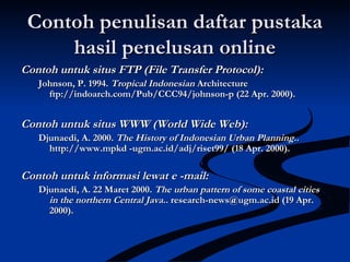 Contoh penulisan daftar pustakaContoh penulisan daftar pustaka
hasil penelusan onlinehasil penelusan online
Contoh untuk situs FTP (File Transfer Protocol):Contoh untuk situs FTP (File Transfer Protocol):
Johnson, P. 1994.Johnson, P. 1994. Tropical IndonesianTropical Indonesian ArchitectureArchitecture
ftp://indoarch.com/Pub/CCC94/johnson-p (22 Apr. 2000).ftp://indoarch.com/Pub/CCC94/johnson-p (22 Apr. 2000).
Contoh untuk situs WWW (World Wide Web):Contoh untuk situs WWW (World Wide Web):
Djunaedi, A. 2000.Djunaedi, A. 2000. The History of Indonesian Urban Planning..The History of Indonesian Urban Planning..
http://www.mpkd -ugm.ac.id/adj/riset99/ (18 Apr. 2000).http://www.mpkd -ugm.ac.id/adj/riset99/ (18 Apr. 2000).
Contoh untuk informasi lewat e -mail:Contoh untuk informasi lewat e -mail:
Djunaedi, A. 22 Maret 2000.Djunaedi, A. 22 Maret 2000. The urban pattern of some coastal citiesThe urban pattern of some coastal cities
in the northern Central Java..in the northern Central Java.. research-news@ugm.ac.id (19 Apr.research-news@ugm.ac.id (19 Apr.
2000).2000).
 