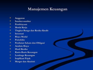 Manajemen KeuanganManajemen Keuangan
 AnggaranAnggaran
 Sumber-sumberSumber-sumber
 PembiayaanPembiayaan
 Modal KerjaModal Kerja
 Tingkat Bunga dan Resiko KreditTingkat Bunga dan Resiko Kredit
 InvestasiInvestasi
 Biaya ModalBiaya Modal
 PortofolioPortofolio
 Penilaian Saham dan ObligasiPenilaian Saham dan Obligasi
 Analisis BiayaAnalisis Biaya
 Hasil ResikoHasil Resiko
 Rasio-Rasio KeuanganRasio-Rasio Keuangan
 Lembaga KeuanganLembaga Keuangan
 Implikasi PajakImplikasi Pajak
 Merger dan AkuisisiMerger dan Akuisisi
 