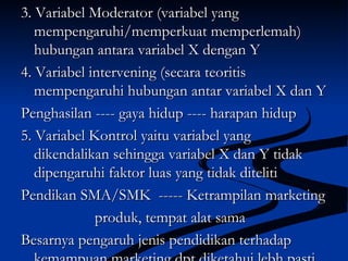 3. Variabel Moderator (variabel yang3. Variabel Moderator (variabel yang
mempengaruhi/memperkuat memperlemah)mempengaruhi/memperkuat memperlemah)
hubungan antara variabel X dengan Yhubungan antara variabel X dengan Y
4. Variabel intervening (secara teoritis4. Variabel intervening (secara teoritis
mempengaruhi hubungan antar variabel X dan Ymempengaruhi hubungan antar variabel X dan Y
Penghasilan ---- gaya hidup ---- harapan hidupPenghasilan ---- gaya hidup ---- harapan hidup
5. Variabel Kontrol yaitu variabel yang5. Variabel Kontrol yaitu variabel yang
dikendalikan sehingga variabel X dan Y tidakdikendalikan sehingga variabel X dan Y tidak
dipengaruhi faktor luas yang tidak ditelitidipengaruhi faktor luas yang tidak diteliti
Pendikan SMA/SMK ----- Ketrampilan marketingPendikan SMA/SMK ----- Ketrampilan marketing
produk, tempat alat samaproduk, tempat alat sama
Besarnya pengaruh jenis pendidikan terhadapBesarnya pengaruh jenis pendidikan terhadap
 