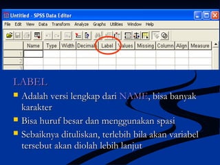 LABELLABEL
 Adalah versi lengkap dariAdalah versi lengkap dari NAMENAME, bisa banyak, bisa banyak
karakterkarakter
 Bisa huruf besar dan menggunakan spasiBisa huruf besar dan menggunakan spasi
 Sebaiknya dituliskan, terlebih bila akan variabelSebaiknya dituliskan, terlebih bila akan variabel
tersebut akan diolah lebih lanjuttersebut akan diolah lebih lanjut
 
