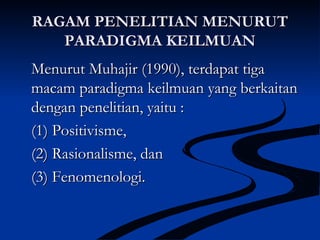 RAGAM PENELITIAN MENURUTRAGAM PENELITIAN MENURUT
PARADIGMA KEILMUANPARADIGMA KEILMUAN
Menurut Muhajir (1990), terdapat tigaMenurut Muhajir (1990), terdapat tiga
macam paradigma keilmuan yang berkaitanmacam paradigma keilmuan yang berkaitan
dengan penelitian, yaitu :dengan penelitian, yaitu :
(1) Positivisme,(1) Positivisme,
(2) Rasionalisme, dan(2) Rasionalisme, dan
(3) Fenomenologi.(3) Fenomenologi.
 