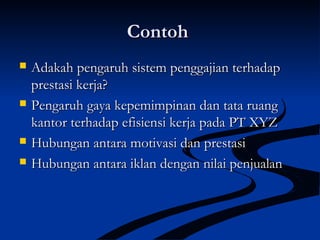 ContohContoh
 Adakah pengaruh sistem penggajian terhadapAdakah pengaruh sistem penggajian terhadap
prestasi kerja?prestasi kerja?
 Pengaruh gaya kepemimpinan dan tata ruangPengaruh gaya kepemimpinan dan tata ruang
kantor terhadap efisiensi kerja pada PT XYZkantor terhadap efisiensi kerja pada PT XYZ
 Hubungan antara motivasi dan prestasiHubungan antara motivasi dan prestasi
 Hubungan antara iklan dengan nilai penjualanHubungan antara iklan dengan nilai penjualan
 