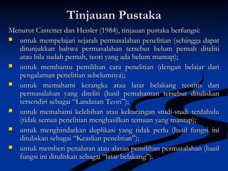 Tinjauan PustakaTinjauan Pustaka
Menurut Castetter dan Heisler (1984), tinjauan pustaka berfungsi:Menurut Castetter dan Heisler (1984), tinjauan pustaka berfungsi:
 untuk mempelajari sejarah permasalahan penelitian (sehingga dapatuntuk mempelajari sejarah permasalahan penelitian (sehingga dapat
ditunjukkan bahwa permasalahan tersebut belum pernah ditelitiditunjukkan bahwa permasalahan tersebut belum pernah diteliti
atau bila sudah pernah, teori yang ada belum mantap);atau bila sudah pernah, teori yang ada belum mantap);
 untuk membantu pemilihan cara penelitian (dengan belajar dariuntuk membantu pemilihan cara penelitian (dengan belajar dari
pengalaman penelitian sebelumnya);pengalaman penelitian sebelumnya);
 untuk memahami kerangka atau latar belakang teoritis dariuntuk memahami kerangka atau latar belakang teoritis dari
permasalahan yang diteliti (hasil pemahaman tersebut dituliskanpermasalahan yang diteliti (hasil pemahaman tersebut dituliskan
tersendiri sebagai “Landasan Teori”);tersendiri sebagai “Landasan Teori”);
 untuk memahami kelebihan atau kekurangan studi-studi terdahuluuntuk memahami kelebihan atau kekurangan studi-studi terdahulu
(tidak semua penelitian menghasilkan temuan yang mantap);(tidak semua penelitian menghasilkan temuan yang mantap);
 untuk menghindarkan duplikasi yang tidak perlu (hasil fungsi iniuntuk menghindarkan duplikasi yang tidak perlu (hasil fungsi ini
dituliskan sebagai “Keaslian penelitian”);dituliskan sebagai “Keaslian penelitian”);
 untuk memberi penalaran atau alasan pemilihan permasalahan (hasiluntuk memberi penalaran atau alasan pemilihan permasalahan (hasil
fungsi ini dituliskan sebagai “latar belakang”).fungsi ini dituliskan sebagai “latar belakang”).
 
