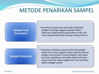 METODE PENARIKAN SAMPEL
• Penarikan sampel acak terstruktur dilakukan
dengan membagi anggota populasi dalam
beberapa subkelompok yang disebut strata, lalu
suatu sampel dipilih dari masing-masing stratum.
Sampel Acak
Terstruktur
• Penarikan dikatakan sampel sistematis apabila
setiap unsur atau anggota dalam populasi disusun
dengan cara tertentu–secara alfabetis, dari besar
kecil atau sebaliknya–kemudian dipilih titik awal
secara acak lalu setiap anggota ke-K dari populasi
dipilih sebagai sampel
Sampel Sistematis
STATISTIK II Metode dan Distribusi Sampling
 