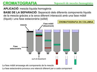CROMATOGRAFIA BASE DE LA SEPARACIÓ : Separació dels diferents components líquids de la mescla gràcies a la seva diferent interacció amb una fase mòbil (líquid) i una fase estacionària (sòlid) APLICACIÓ : mescla líquida homogènia Separació de mescles homogènies CROMATOGRAFIA EN COLUMNA Fase estacionària mescla Fase mòbil (dissolvent) surt el dissolvent La fase mòbil arrossega els components de la mescla La fase estacionària provoca una retenció diferent per a cada component 