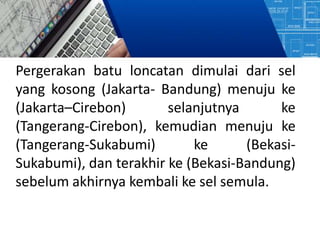 Pergerakan batu loncatan dimulai dari sel
yang kosong (Jakarta- Bandung) menuju ke
(Jakarta–Cirebon) selanjutnya ke
(Tangerang-Cirebon), kemudian menuju ke
(Tangerang-Sukabumi) ke (Bekasi-
Sukabumi), dan terakhir ke (Bekasi-Bandung)
sebelum akhirnya kembali ke sel semula.
 
