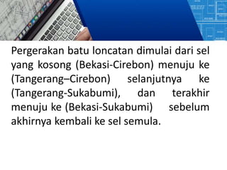 Pergerakan batu loncatan dimulai dari sel
yang kosong (Bekasi-Cirebon) menuju ke
(Tangerang–Cirebon) selanjutnya ke
(Tangerang-Sukabumi), dan terakhir
menuju ke (Bekasi-Sukabumi) sebelum
akhirnya kembali ke sel semula.
 