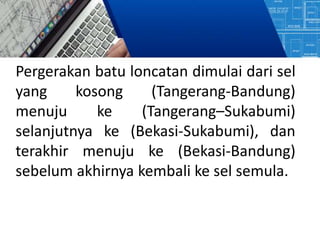 Pergerakan batu loncatan dimulai dari sel
yang kosong (Tangerang-Bandung)
menuju ke (Tangerang–Sukabumi)
selanjutnya ke (Bekasi-Sukabumi), dan
terakhir menuju ke (Bekasi-Bandung)
sebelum akhirnya kembali ke sel semula.
 