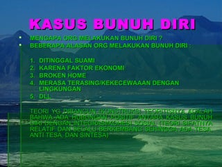 KASUS BUNUH DIRI
   MENGAPA ORG MELAKUKAN BUNUH DIRI ?
   BEBERAPA ALASAN ORG MELAKUKAN BUNUH DIRI :

    1. DITINGGAL SUAMI
    2. KARENA FAKTOR EKONOMI
    3. BROKEN HOME
    4. MERASA TERASING/KEKECEWAAAN DENGAN
       LINGKUNGAN
    5. DLL

    TEORI YG DIBANGUN (KONSTRUKSI TEORITISNYA ADALAH
    BAHWA ADA HUBUNGAN POSITIF ANTARA KASUS BUNUH
    DIRI DENGAN INTEGRASI/KOHESI SOSIAL (TEORI SIFATNYA
    RELATIF DAN SELALU BERKEMBANG SEHINGGA ADA TESA,
    ANTI TESA, DAN SINTESA)
 
