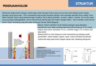 STRUKTUR
PEKERJAANKOLOM
Membuat rangka kolom dengan sambungan pada tulangan kolom yang muncul dari sloof dengan jarak rangka
tulangan yang sama yaitu 15cm membentuk segi empat samasisi dengan
Pada tulangan kolom yang bersambungan tersebut harus saling bersisian
ujung-ujungnya dibengkokkan unt uk memperkuat sambungan dan ikatan
besi pembagi diameter 6mm setiap 15cm.
(overlap) sejauh minimal 30 cm dan pada
dengan beton. Hal ini berlaku untuk semua
kolom beton bertulang yang ada pada bangunan Rumah Sakit Bergerak.
Semua kolom memiliki 4 buah batang tulangan yang disisakan
(stek/starter bars) lebih panjang sekurang-38 kurangnya 70 cm pada
bagian atas kolom (disisakan 70 cm ,memiliki tinggi 3.75 m diukur dari
atas sloof).
Batang lebih ini nanti berguna untuk menyambung tulangan pada
pembuatan kolom diatas ringba/k, serta untuk menahan konstruksi
kuda-kuda atap pada kolom bagian depan dan belakang bangunan.
BESI KOLOM
Dipasang setelah
Dipabrikasi dilapangan
Dipasang dibantu oleh
t-au pabrikasi
ditempat
LANGKAH 1
-PABRIKASI BEKISTING KOLOM
-MEMASANG SETENGAH PANEL DIBANTU DGN TC
-DITEMPATKAN PADA GARIS MARKING
-PERKUAT PANEL DGN ADJ.BRACE RSS
DAN ADJ.KICKER AV
-MENEGAKKAN PANEL DGN MENYETEL ADJ.BRACE
DAN ADJ.KICKER
TYPE 2(IRNA)
TYPE I
; ; , I5
2 0I0 2 0I0
t
I J
06-200
o
4
2 0I0
 