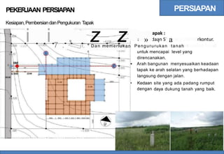 PERSIAPAN
PEKERJAAN PERSIAPAN
Kesiapan,PembersiandanPengukuran Tapak
i i , z z » . a
7 . ji, " Dan memerlukan Pengururukan tanah
untuk mencapai level yang
direncanakan.
Arah bangunan menyesuaikan keadaan
tapak ke arah selatan yang berhadapan
langsung dengan jalan.
-1.05
• Kedaan
dengan
site yang ada padang rumput
daya dukung tanah yang baik.
[
. . . -· -· -· -· ------- ·- ~- ·- -· ---·--- ----- ·---- -· -----·-------·- ·-·-·
 