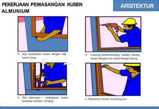 PEKERJAAN
ALMUNIUM
PEMASANGAN KUSEN ARSITEKTUR
3. Atur kedudukan kusen dengan baji
~
5. Lubangi tembok/dinding melalui lubang
karet I kayu
·
. f
kusen dengan bor untuk tempat sekrup
Z
l ' • '
I r
4. Stel kelurusan / kedudukan kusen
terhadap tembok I dinding
6. Masukkan fischer ke lubang bor
 