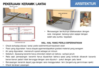 ARSITEKTUR
PEKERJAAN KERAMIK
BENANG NYLON
LANTAI
- Pasang keramik menurut salah arah sumbu kepalaan
BEN-LNG LON
DI GESER
41 - - - - '
- B E N A N G N Y L O N
DIGESER
• Pemasangan berikut nya dilaksanakan dengan
cara mengeser benang nylon sejajar dengan
salah satu sumbu kepalaan
HAL- HAL YANG PERLU DIPERHATIKAN
pada saatmembuat kepalaan awal
CONTOH DEN.AH
•
•
•
•
•
Check terhadap elevasi lantai
Pasir yang digunakan harus diayak agarmendapatkan gradasi material yang seragam
Air yang digunakan memenuhi syarat sebagai air minum
Sebelum dipasang keramik harus direndam dalam air dahulu sampai jenuh
Pada saat pemasangan keramik harus dipast ikan bahw a spesi yang terletak dibaw ah
benar-benar padat tidak berongga dengan cara dipukul - pukul dengan palu karet
Pemasangan keramik dapat juga dengan cara menggunakan lem (t ergant ung permint aan
Check kerat aan pasangan
keramik
•
•
spek)
 