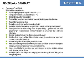 ARSITEKTUR
PEKERJAAN SANITARY
.
a
. P
em
asanganC
loset D
u
d uk
T
eknispelaksanaanpekerjaan:
AjukanrequestpekerjaankepadaKonsultan
Pengawas.CocokanspesifikasiclosetdenganRKS.
Siapkantenaga,bahandanperalatan.
Pastikanlubangpembuangansesuiadenganrough-inclosetyangakandipasang.
T
andailubangyangakandibor.
Sesuaikanmatabordenganbautyangakandipakai.
M
asukkanfisher kedala
m lubangyangtelahdibor, sam
pai ra
ta dengan lan
tai keram
ik
.
P
asang stop kran ke da
lam lubang suplai air pada dindin
g ( gunakan seal tape pada
penyam
bungan ke p
ipa ins
talasi k
emudian hidup
k
a n air, untuk m
e
m
a s
tik
a n tidak ada
kebocoran.
Letakkansealgasket(waxting)diataslubangpembuangan.
Letakkan bow
l closet perlahan-lahan di a
tas lubang pipa pem
b
u angan yang telah
dipasangsealgasket(waxring)
Pastikansealgasketterpasangdenganbaikdanbenar.
Masukkanbautpengikatke dalamlubangbaut pada kaki closet, kemudiankencangkan
sekrupnya.Hindaripengencangan sekrupyangberlebihan.
Pasang pipa fle
k
s ibel ke stop kran yang telah dipasang ke din ding. pastik
a n sealnya
sudahterpasang dengan b
enar.
Pasanglah penutup closet pada closet yang telah terpasang, gunakan obeng untuk
mengencangkannya.
4
4»
4»
 