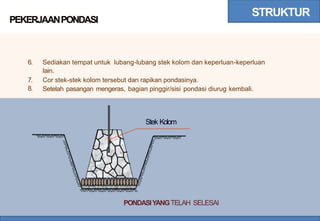 STRUKTUR
PEKERJAANPONDASI
6. Sediakan tempat untuk lubang-lubang stek kolom dan keperluan-keperluan
lain.
7.
8.
Cor stek-stek kolom tersebut dan rapikan pondasinya.
Setelah pasangan mengeras, bagian pinggir/sisi pondasi diurug kembali.
Stek Kolom
PONDASIYANGTELAH SELESAI
 