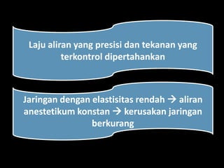 Laju aliran yang presisi dan tekanan yang
terkontrol dipertahankan

Jaringan dengan elastisitas rendah  aliran
anestetikum konstan  kerusakan jaringan
berkurang

 