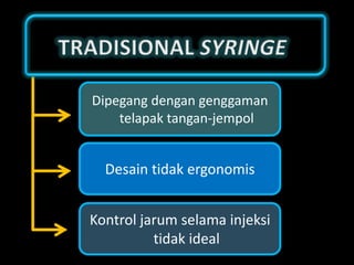 Dipegang dengan genggaman
telapak tangan-jempol

Desain tidak ergonomis
Kontrol jarum selama injeksi
tidak ideal

 