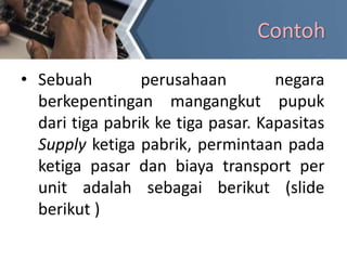 Contoh
• Sebuah perusahaan negara
berkepentingan mangangkut pupuk
dari tiga pabrik ke tiga pasar. Kapasitas
Supply ketiga pabrik, permintaan pada
ketiga pasar dan biaya transport per
unit adalah sebagai berikut (slide
berikut )
 