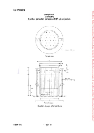 “HakCiptaBadanStandardisasiNasional,Copystandarinidibuatuntukpenayangandiwww.bsn.go.iddantidakuntukdikomersialkan”
SNI 1744:2012
Lampiran A
(normatif)
Gambar peralatan pengujian CBR laboratorium
Tampak atas
Cetakan dengan leher sambung
Tampak depan
© BSN 2012 11 dari 23
 