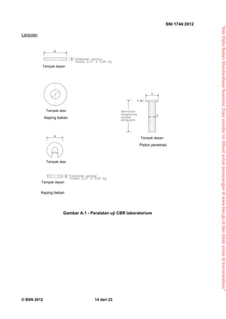 “HakCiptaBadanStandardisasiNasional,Copystandarinidibuatuntukpenayangandiwww.bsn.go.iddantidakuntukdikomersialkan”
SNI 1744:2012
© BSN 2012 14 dari 23
Lanjutan
Tampak depan
Keping beban
Tampak atas
Piston penetrasi
Tampak depan
Tampak atas
Tampak depan
Keping beban
Gambar A.1 - Peralatan uji CBR laboratorium
 