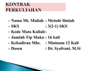  Nama Mt. Muliah : Metode Ilmiah
 SKS : 3(2-1) SKS
 Kode Mata Kuliah:
 Jumlah Ttp Muka : 16 kali
 Kehadiran Mhs. : Mininum 12 Kali
 Dosen : Dr. Syafrani, M.Si
 