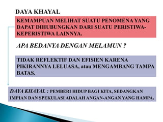 DAYA KHAYAL
KEMAMPUAN MELIHAT SUATU PENOMENA YANG
DAPAT DIHUBUNGKAN DARI SUATU PERISTIWA-
KEPERISTIWA LAINNYA.
APA BEDANYA DENGAN MELAMUN ?
TIDAK REFLEKTIF DAN EFISIEN KARENA
PIKIRANNYA LELUASA, atau MENGAMBANG TAMPA
BATAS.
DAYA KHAYAL : PEMBERI HIDUP BAGI KITA, SEDANGKAN
IMPIAN DAN SPEKULASI ADALAH ANGAN-ANGAN YANG HAMPA.
 