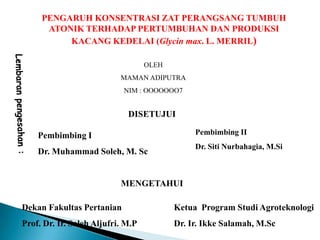 PENGARUH KONSENTRASI ZAT PERANGSANG TUMBUH
ATONIK TERHADAP PERTUMBUHAN DAN PRODUKSI
KACANG KEDELAI (Glycin max. L. MERRIL)
OLEH
MAMAN ADIPUTRA
NIM : OOOOOOO7
DISETUJUI
Pembimbing I
Dr. Muhammad Soleh, M. Sc
Pembimbing II
Dr. Siti Nurbahagia, M.Si
MENGETAHUI
Dekan Fakultas Pertanian
Prof. Dr. Ir. Saleh Aljufri. M.P
Ketua Program Studi Agroteknologi
Dr. Ir. Ikke Salamah, M.Sc
 