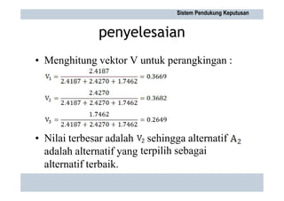 penyelesaian
• Menghitung vektor V untuk perangkingan :
• Nilai terbesar adalah
adalah alternatif yang
alternatif terbaik.
sehingga alternatif
terpilih sebagai
Sistem Pendukung Keputusan
 
